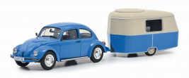 1:43 VW Beetle 1600i w/ Eriba Puck Trailer, 1970 (Blue & Cream White)