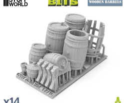 Wooden Barrels 1:35 3D printed set - 14x 3D tištěné dřevěné sudy