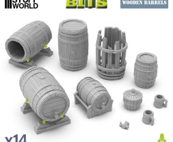 Wooden Barrels 1:35 3D printed set - 14x 3D tištěné dřevěné sudy
